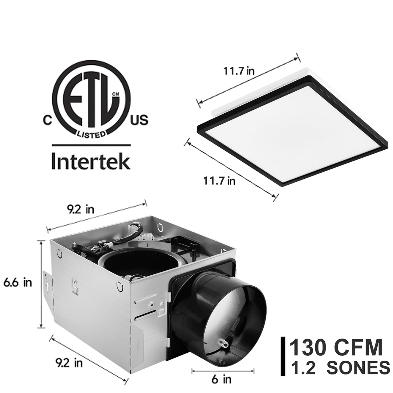 Tech Drive Modern Black Bathroom Exhaust Fan with Light,130 CFM